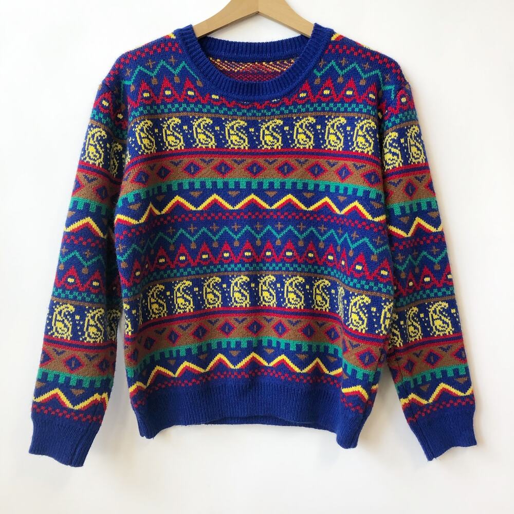 80's Sweater Style Paisley Graphic Knit Pullover Multicolor Womens OS
